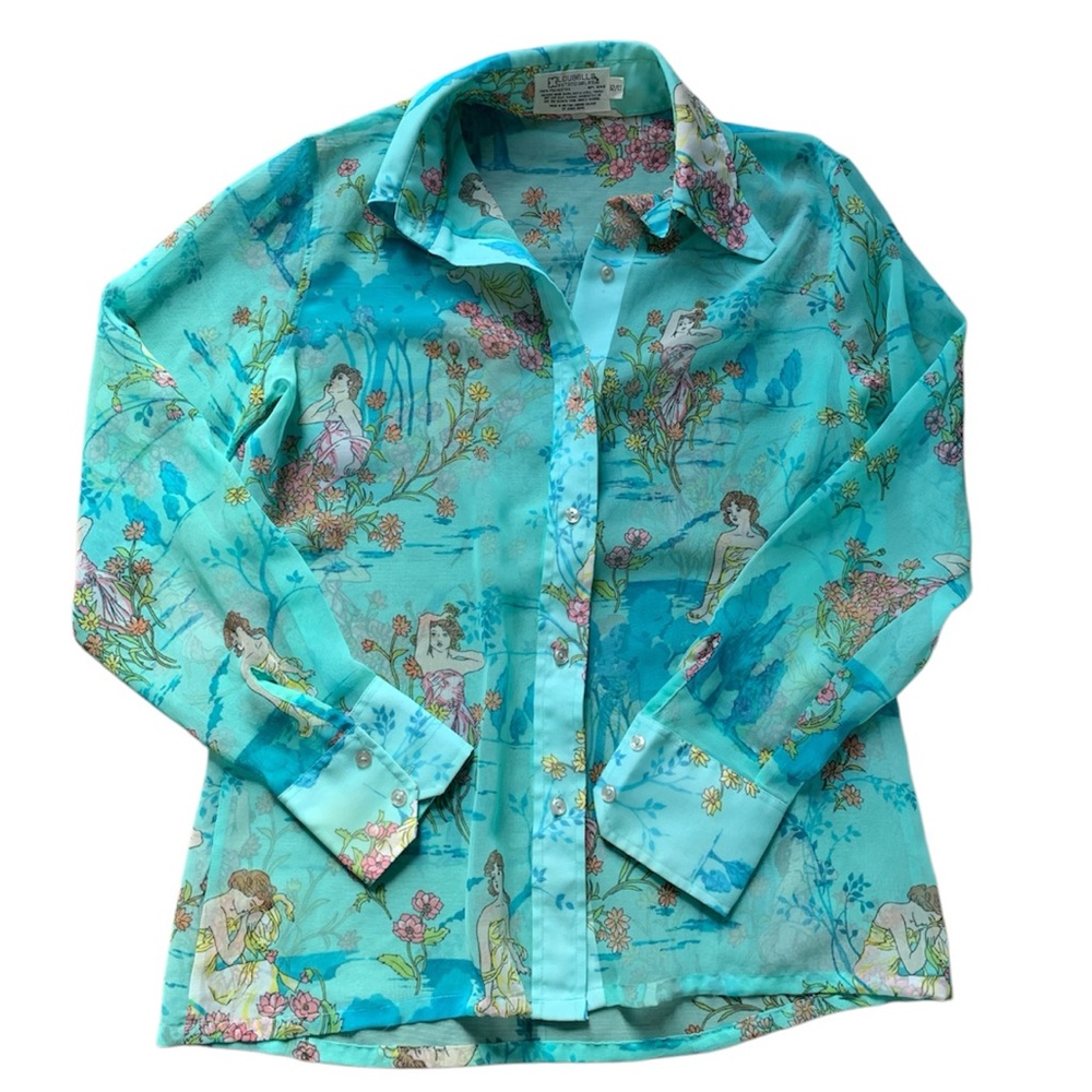 Vintage 70s Loubella Extendables Aqua Blue Floral Button Down 12/13